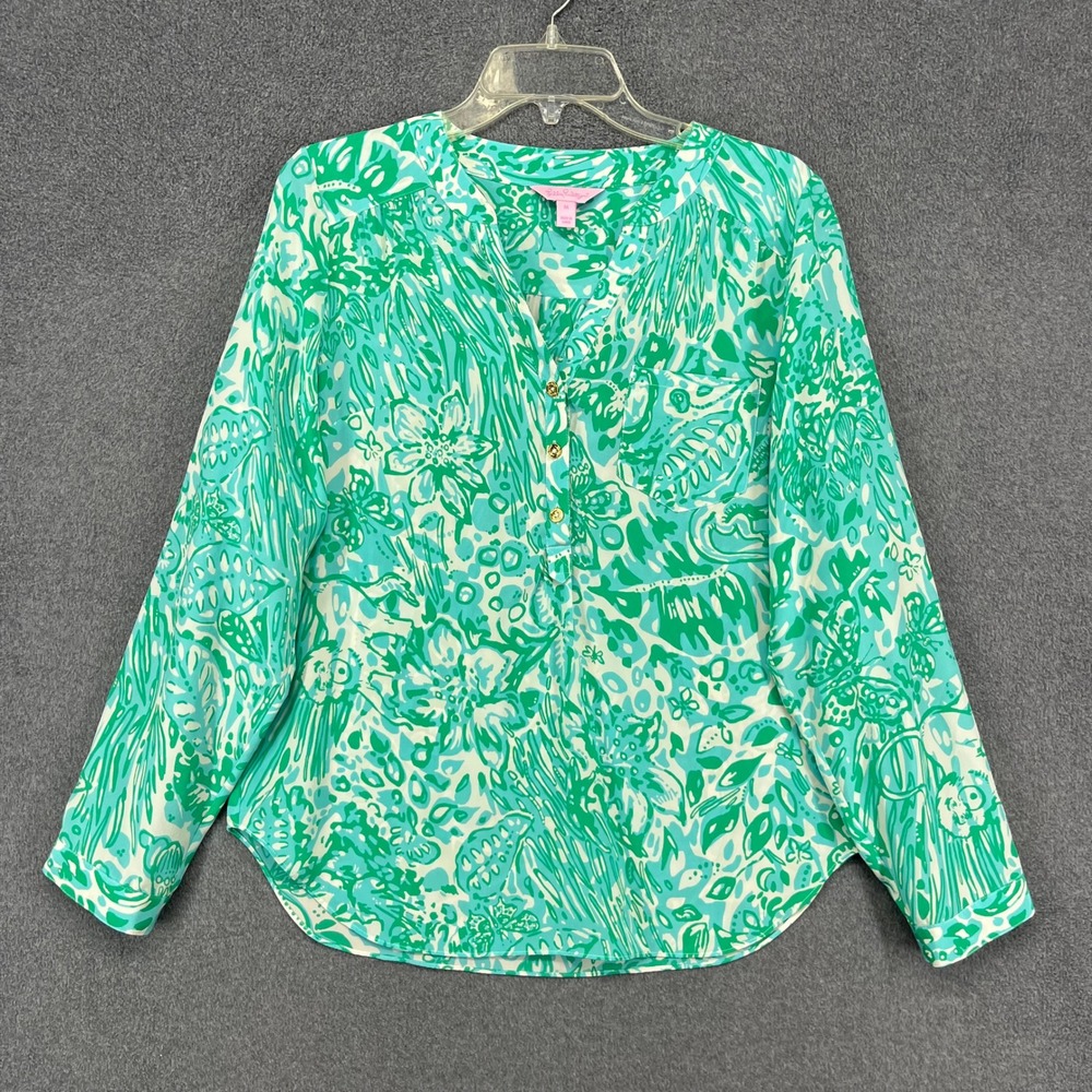 Lilly Pulitzer Elsa Blouse Women Medium‎ Green Silk Tropical Floral Long Sleeve